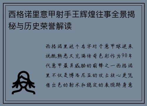 西格诺里意甲射手王辉煌往事全景揭秘与历史荣誉解读